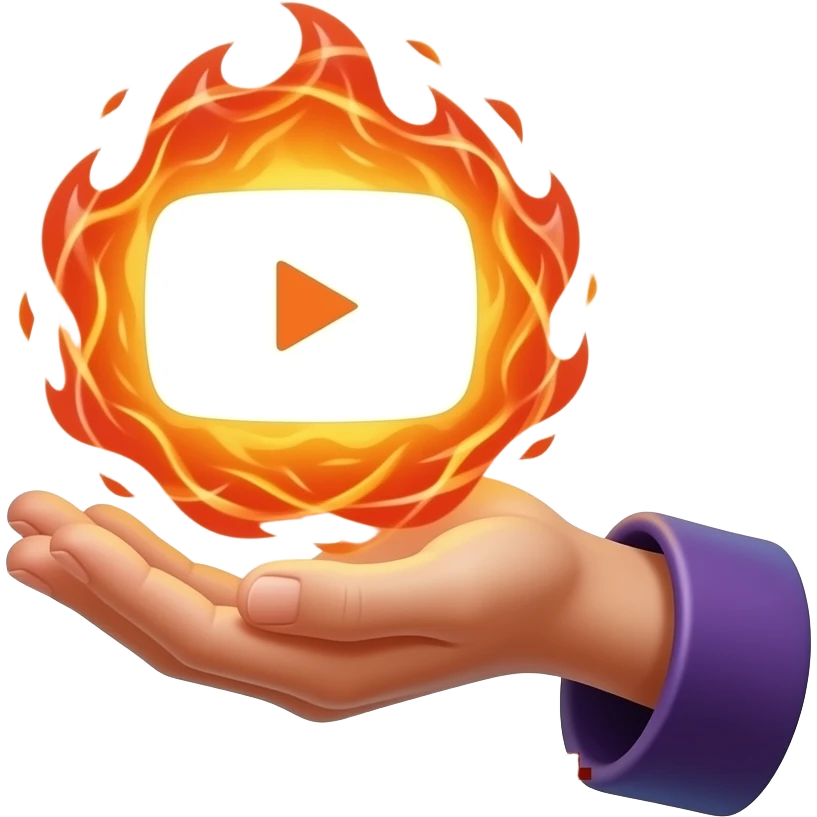 A wizard’s hand holding a glowing, magical YouTube logo like a fire spell. Text below "Do you want Content Maker?". High fantasy, mystical particles, clean white background, sticker style emoji