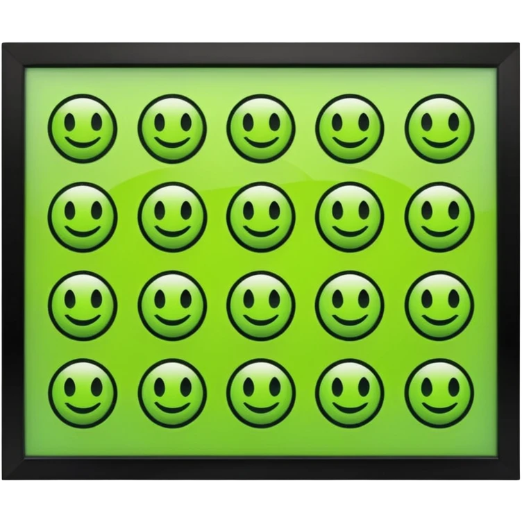 Redraw all icons perfectly centered in square dark gray frames, bright lime green symbols, glossy effect, sharp clean flat design, high contrast, uniform size, pixel-perfect alignment emoji