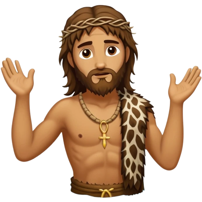 No cross, clothes on, John the baptist has animal skin clothes, rough and wild looking, baptizing Jesus,  emoji