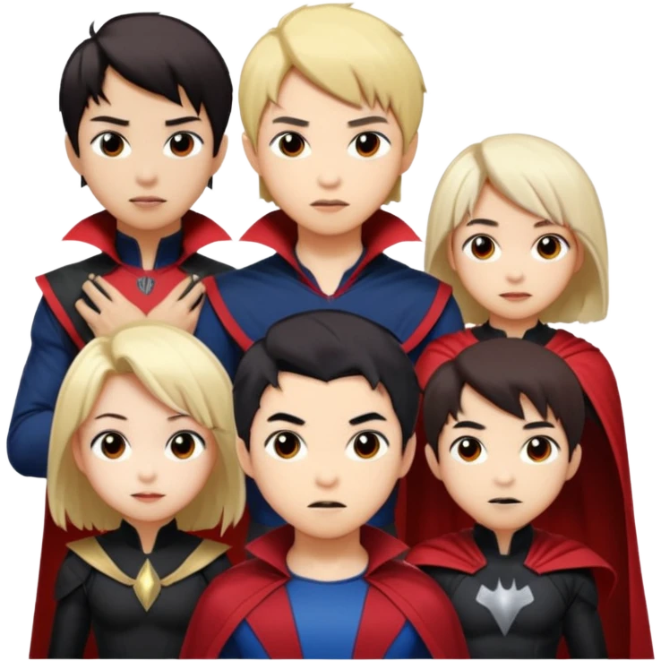Solo poly platonic relationship, one is south African girl, one is Asian boy, one is biracial features Asian tomboy girl with anime short hair with long hair, vampire and marvel cosplay elements inspired. Could we can less human skin seems so it does not seem racist or something, use marvel colours  emoji