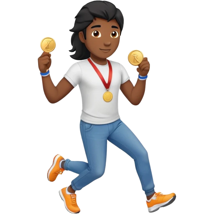 friendly anthropomorphised black stallion in jeans and a t-shirt, jogging upright in relaxed pose, holding a medal emoji