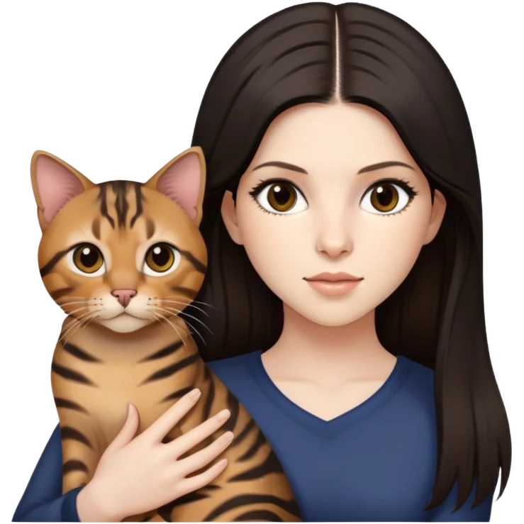 anna kendrick with black strait hair and brown eyes with bengal cat on her hand emoji