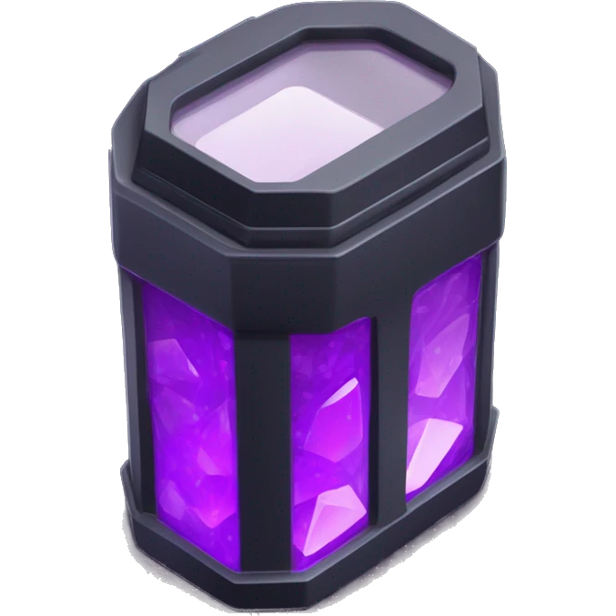 Futuristic tall thin narrow width rectangular military cannister colored matte black with purple rock crystals peeking out emoji