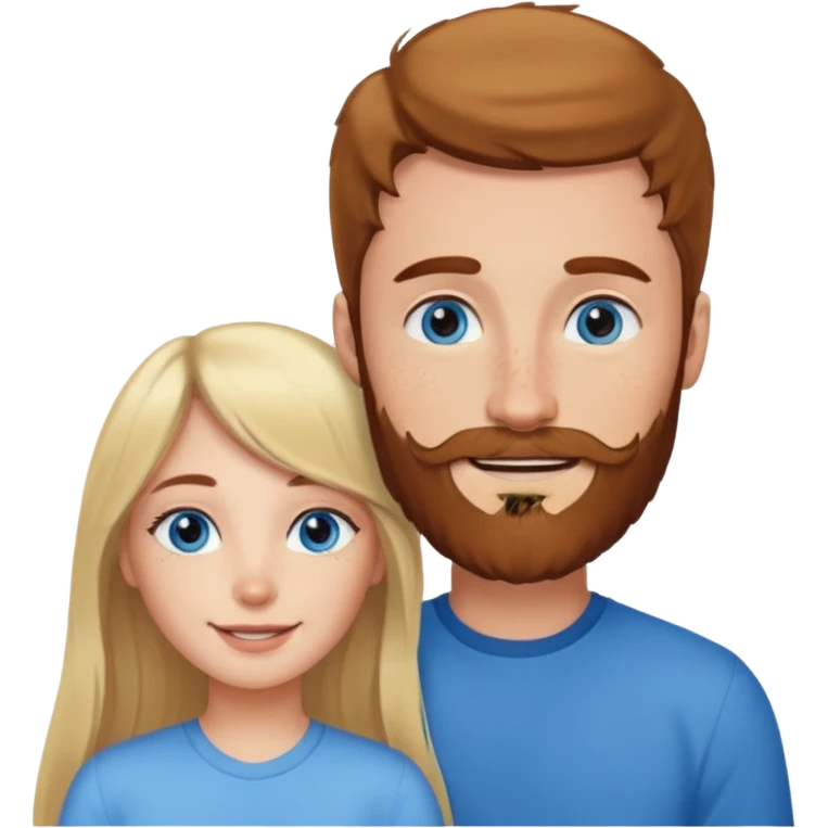 Woman with blue eyes and long blond hair and a bang in love with brown hait man with beard and freckles emoji