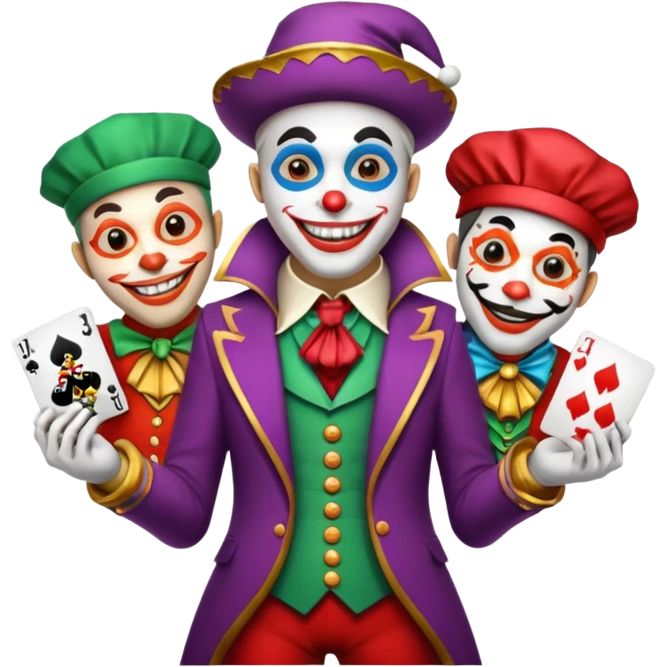 3 poker cards, with crazy colorful human jolly jokers inside, face and body only emoji