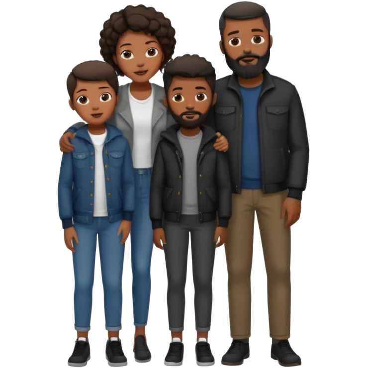 A loving black family of four (4). With a mother,  a little brother, a 15 yr old daughter, and a father with a beard, all dressed in urban chic clothing emoji