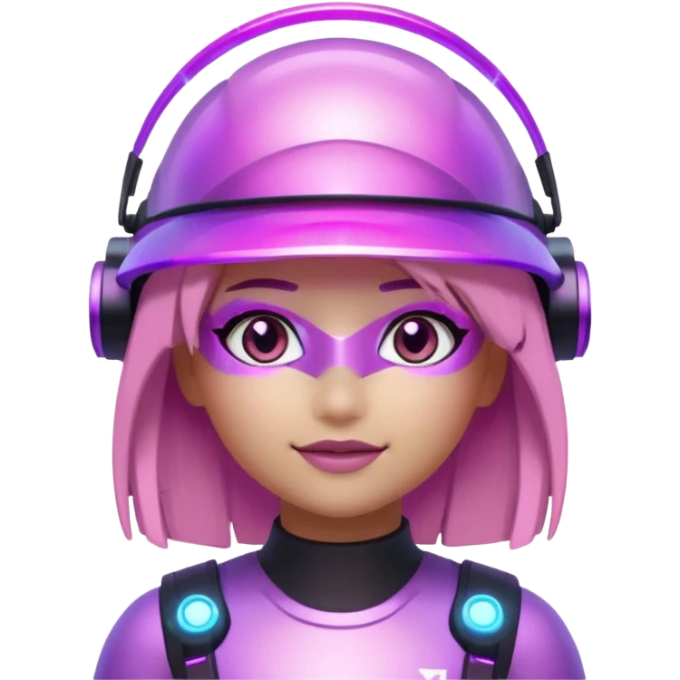 “Futuristic Roblox girl emoji, 2050 style. Pink-purple holo visor, light-strand hair, digital eyes sparkle, metallic pastel glow, neon aura background.” emoji
