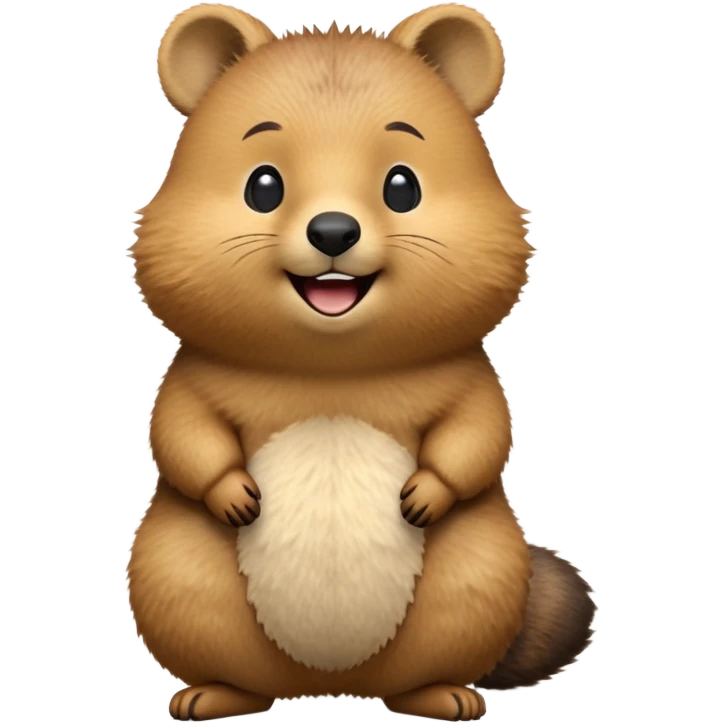 cinematic-quokka-realistic-emoji,-small-round-frame-balanced-on-tiny-strong-hind-legs, head tilted in an endearing manner, comical smil, giant-fluffy-cheeks-large-smile-fluffy-brown-fur-radiating-a-warm-softness,-big-round-eyes-filled-with-joy, realistic emoji zoomed in emoji