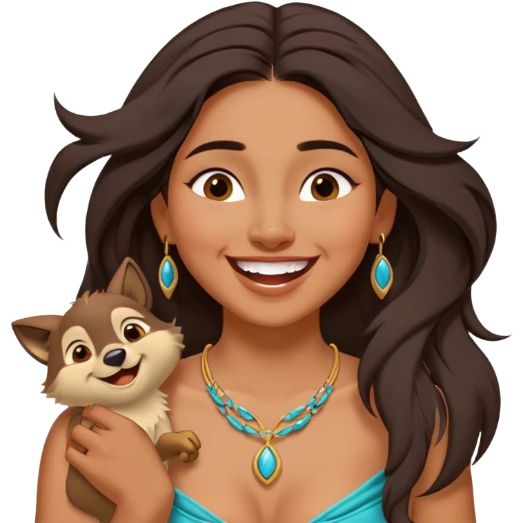 Cinematic Adorable Pocahontas Portrait Emoji, Laughing softly as Meeko tugs at her necklace, hair tousled in the wind, eyes full of warmth, a carefree spirit shining through, capturing the essence of beauty and playfulness! emoji