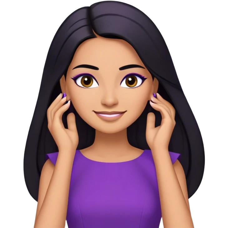 beautiful woman boss, with long straight black hair, with make up, black eye liner, smile, mexican, brown skin, wearing purple dress, she stand up, she replace hair behind her ear emoji