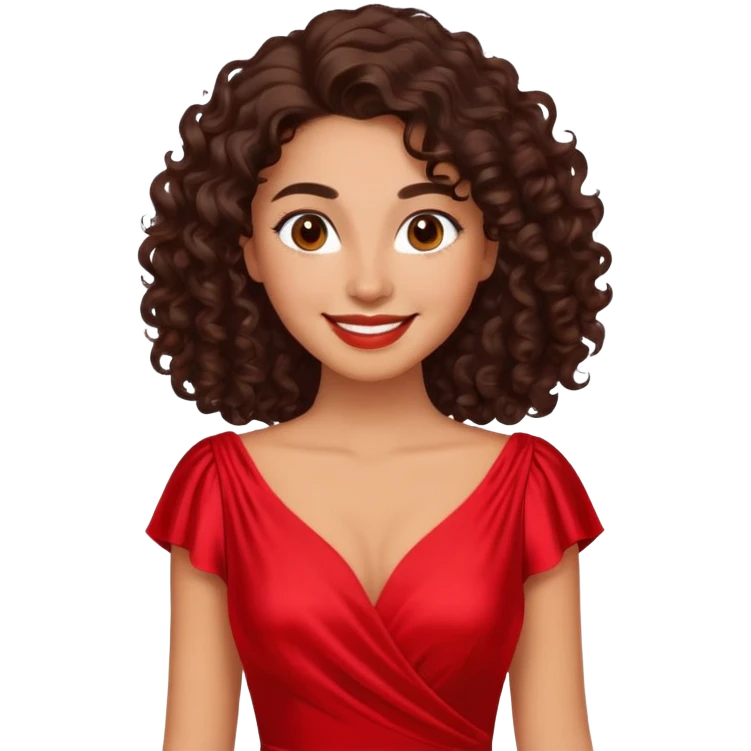 Mujer piel canela, cara ovalada, cejas definidas, pelo súper largo rizado marron oscuro, raya al lado. Sonrisa amplia, expresión suave-alegre. Vestido rojo de seda. emoji