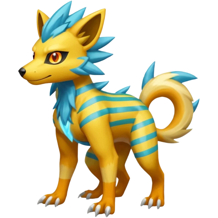 Cyan manectric-Electrike-Zeraora-fusion with neon-green stripes and orange eyes (full body) emoji