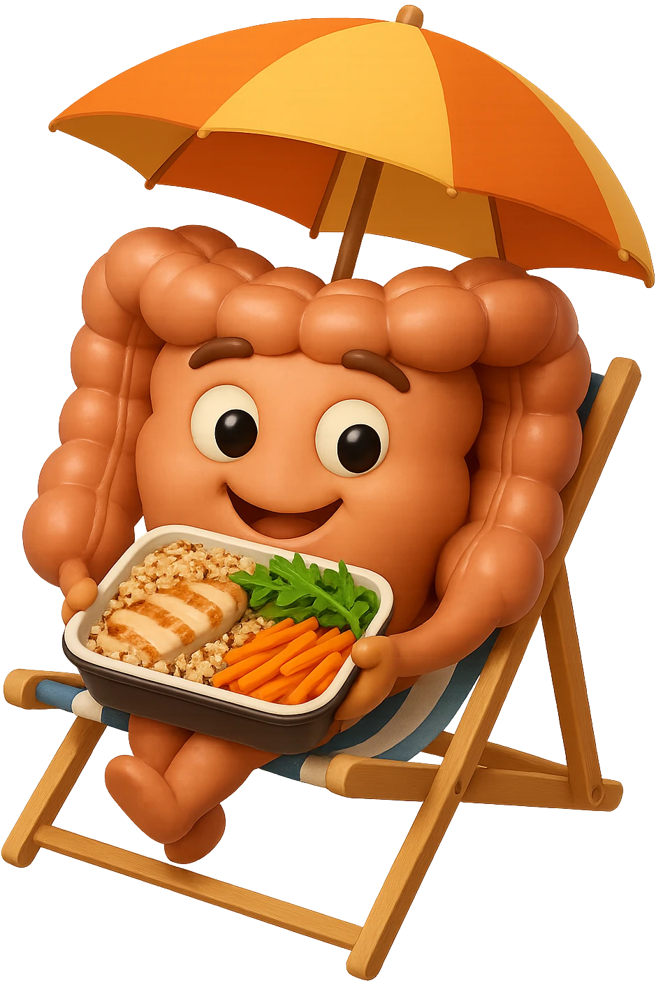EMOJI STILE IPHONE DI INTESTINO IN SPIAGGIA SU UNA SPIAGGINA SOTTO L'OMBRELLONE CON IN MANO UNA SCHISCETTA DI Insalata di quinoa e pollo con rucola e carote, iperrealistica 4k emoji