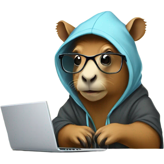 Nerdy cute capybara with glasses wearing a hoodie and coding on a laptop  emoji