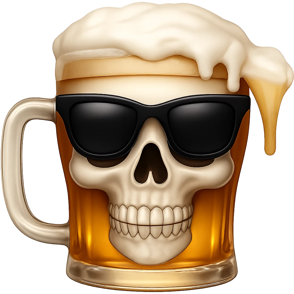 Add black sunglasses to the skull drinking beer. The original style is emoji style, but since emoji style does not support editing, please keep the look consistent with emoji style while adding the sunglasses and removing the background. emoji