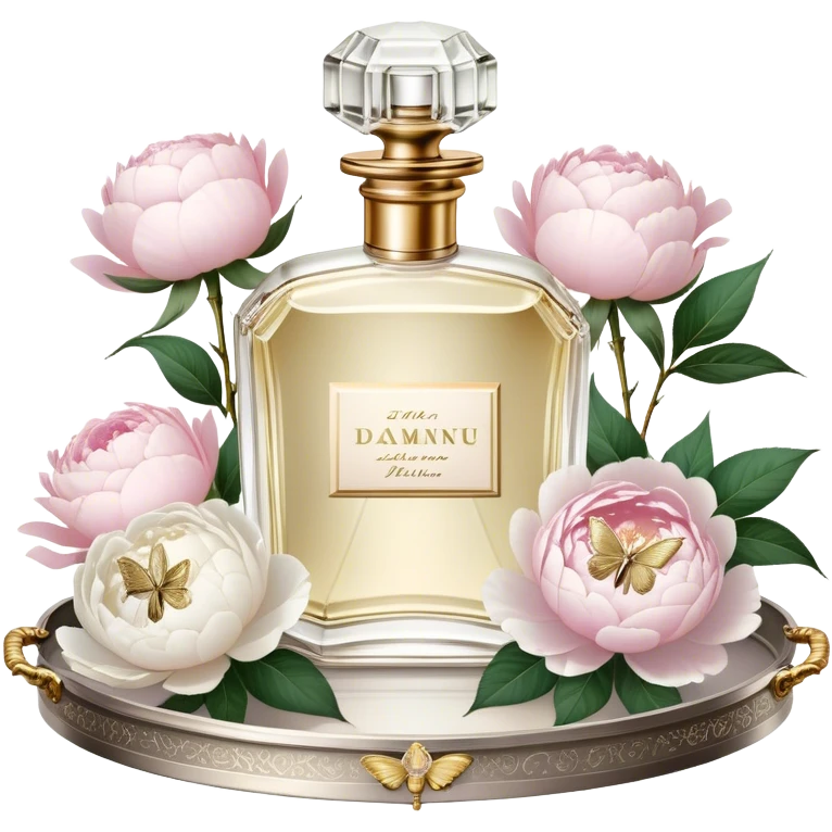 A dreamy still life of a vintage perfume bottle collection with golden embellishments, set on an antique silver tray, surrounded by lush white peonies and soft pink roses, with an iridescent pearl butterfly perched on a golden stopper.
 emoji