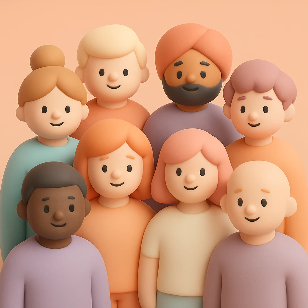 a group of diverse people standing together, mochi style, soft pastel colors, rounded shapes, friendly expressions emoji