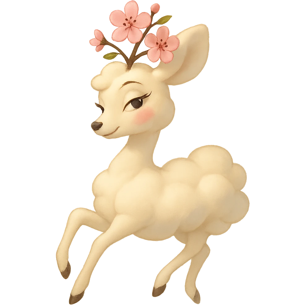 Pixar style graceful feminine vanilla cloud doe with rosy cheeks and cherry blossom head, floating elegantly, confident charming subtly alluring brand mascot for social media emoji