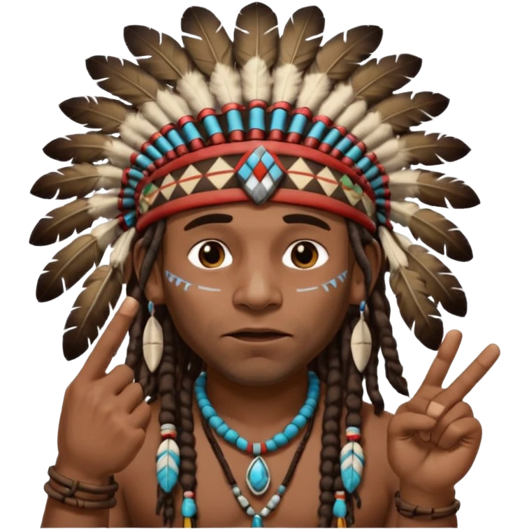 Black American man dark brown with dreads with a American Indian headdress with one finger pointing at his mouth with a yea he lying face emoji