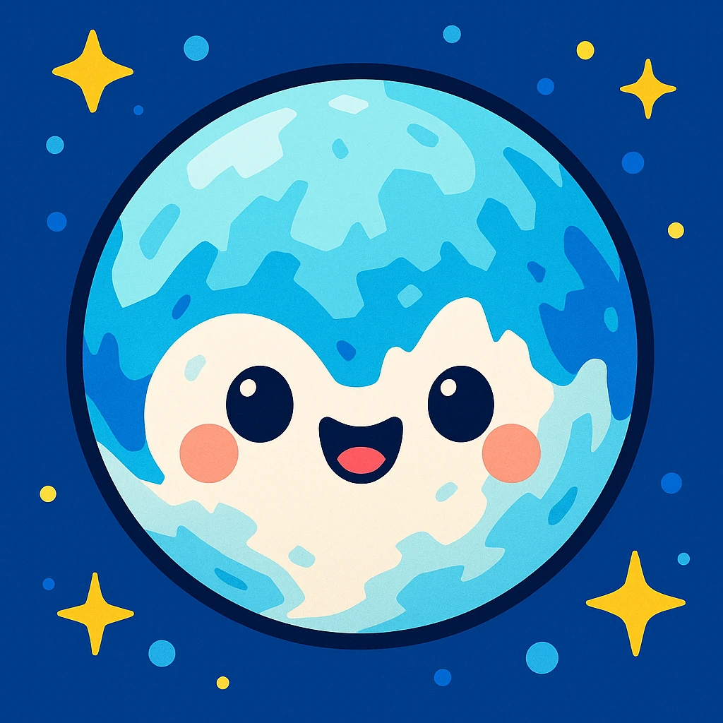 Pluto as a planet, cartoon style, cute face, icy blue and white colors emoji