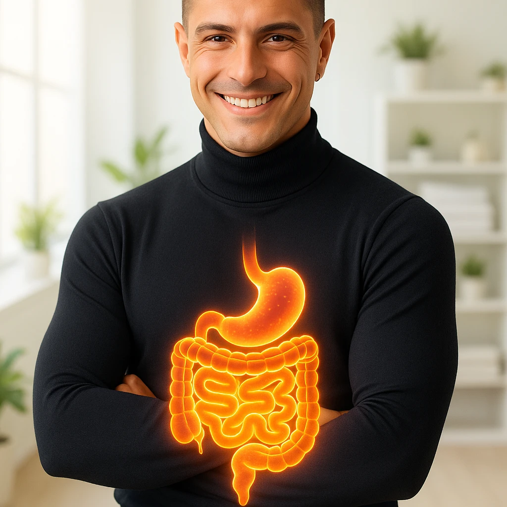 Create a semi-realistic, wellness-themed image of a healthy 30-year-old man inspired by the reference image. Show a stylized glowing intestine with a clean and vibrant gut. The man is in a relaxed pose. The background is a bright minimalistic health clinic with soft lighting, conveying wellness and balance mood. emoji