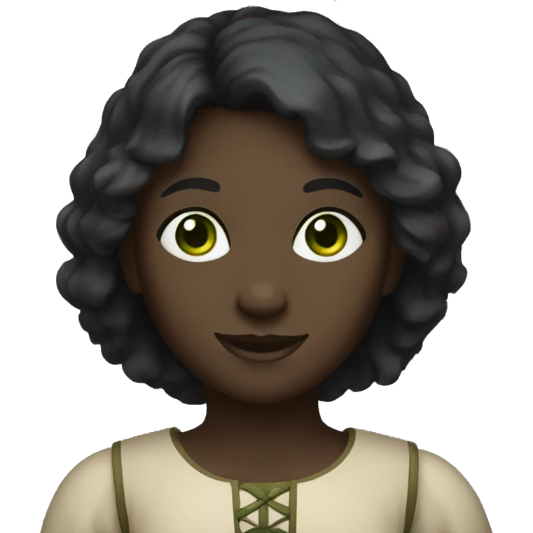 Medieval girl smiling, black skin, black hair, green eyes emoji