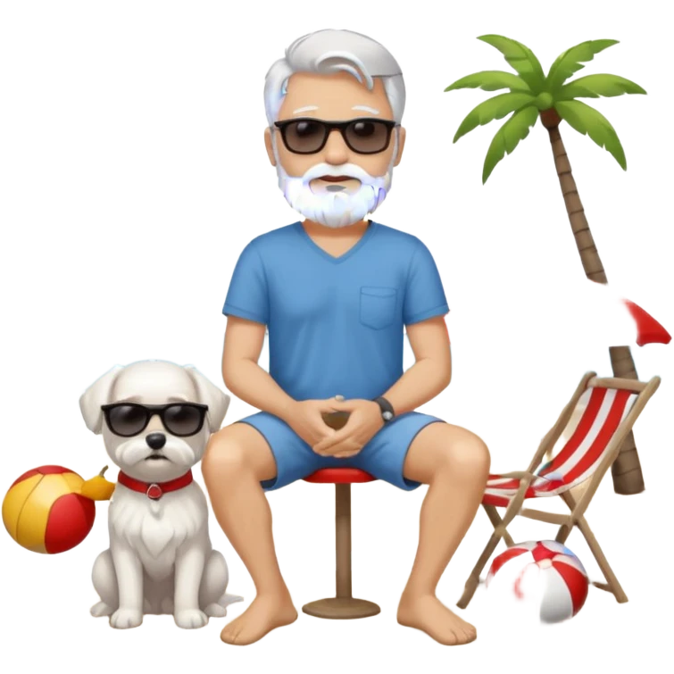 white man grey hair beard holding a white Maltese sitting on a beach full body emoji