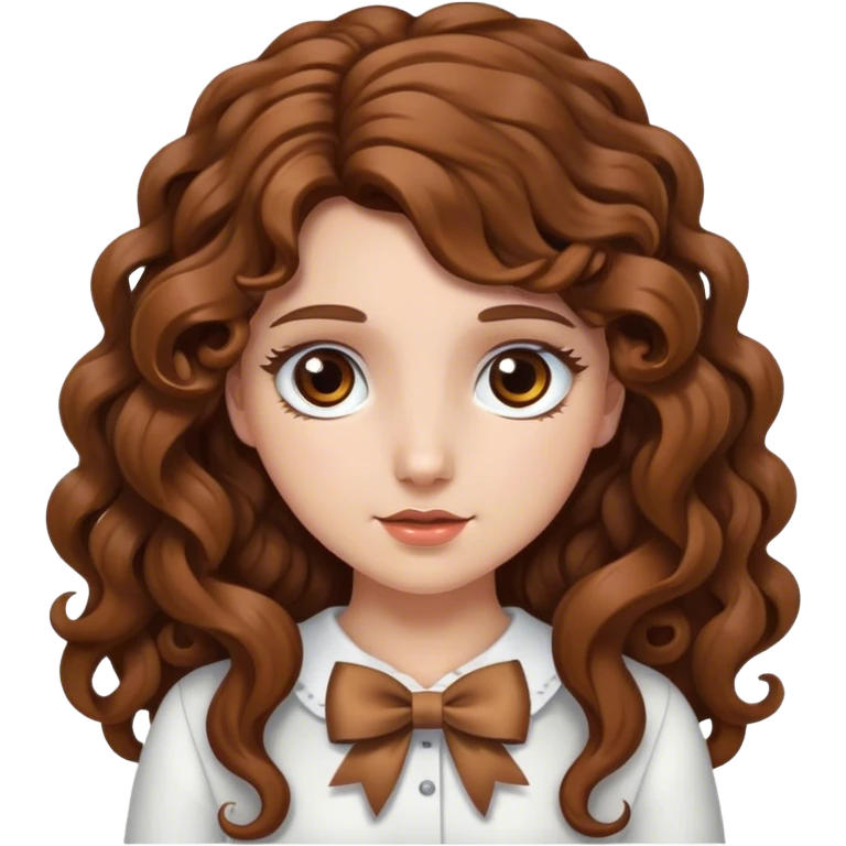 white girl with long brown curly hair and brown eyes and bow in hair emoji