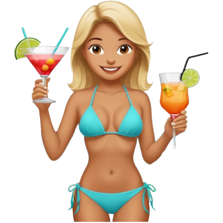 a girl enjoying herself  in beach wearing a sexy bikini with drink on her hand emoji