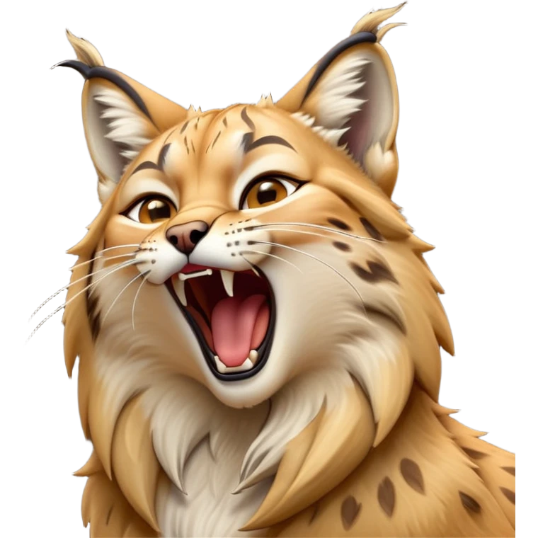 Cinematic-detailed-Yawning-Lynx-Portrait-Emoji – Head tilted slightly with a dramatic, wide-open yawn, revealing a sleek golden-brown fur coat with subtle spots, signature black ear tufts standing tall, round amber eyes barely open in drowsy contentment zoomed out to show the shoulders emoji