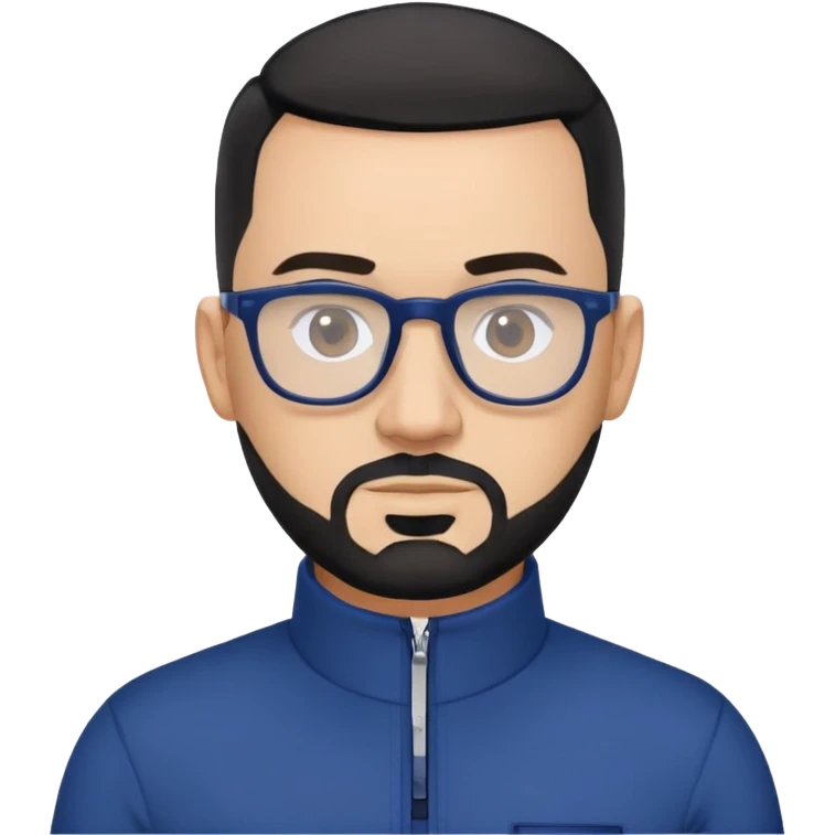 Light-skinned 40-year-old male with buzzcut black hair, gray short beard, black-framed glasses, navy blue zip-collar sports long sleeve shirt emoji