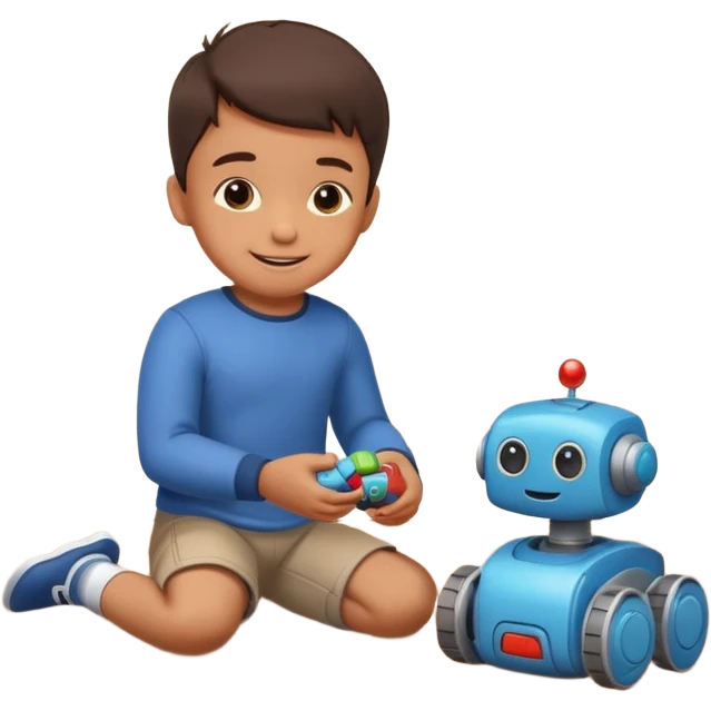 Little boy playing with toy robot on the floor emoji