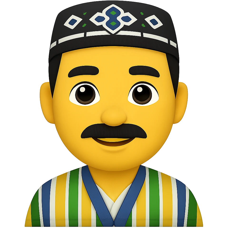 Сгенерируй мне в стиле ЭПЛ ЭМОДЗИ Узбека, на пнг фоне. У него будет тюбитейка и халат. На пнг фоне (без фона) emoji