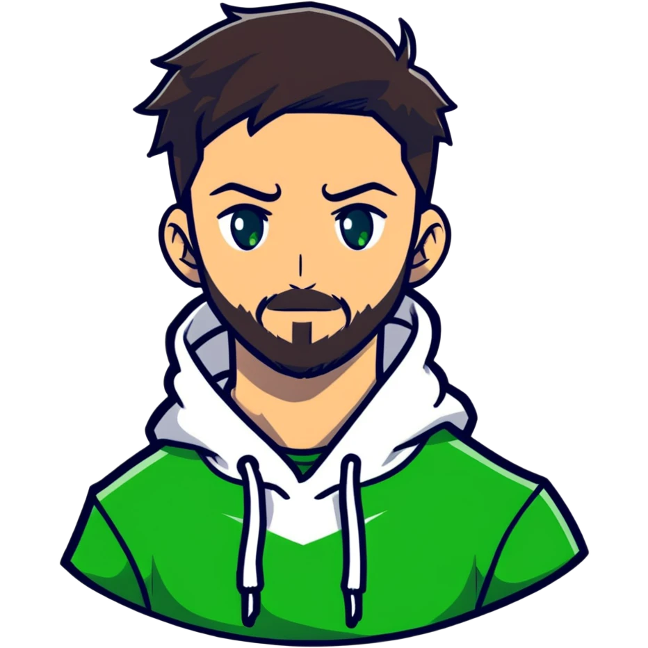 anime style man with short full beard, dark brown undercut hairstyle, white hoodie, and green eyes emoji