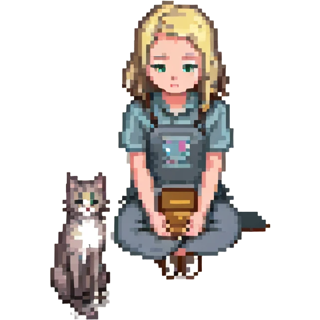 Replace the girl with the one in the reference image, keeping the pose: girl sitting on floor petting a gray and blonde mixed cat, pixel art style, with no background. emoji