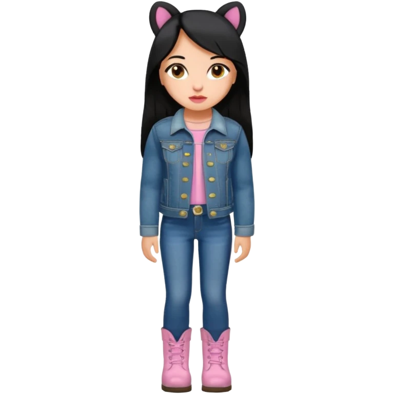 Gordita, ojos pequeños de color cafe oscuro, labios pequeños y rosados, piel trigueña, orejas pequeñas, cabello largo lazio y negro, pequeña. cuerpo completo. vestida con saco jean y botas emoji