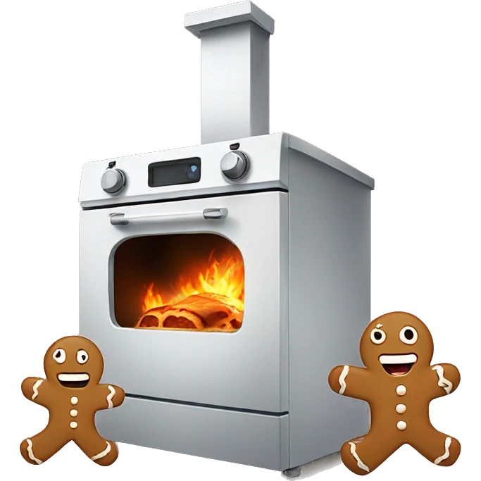 Oven with scared gingerbread man running away emoji