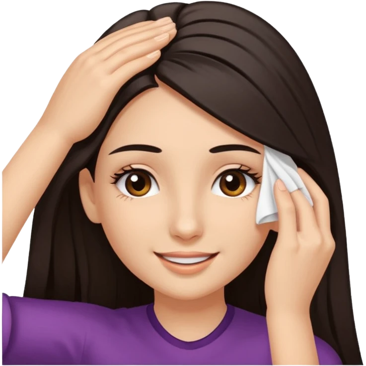 Girl with brown eyes and bold eyelashes and long dark hair wiping her forehead in relief and smiling emoji