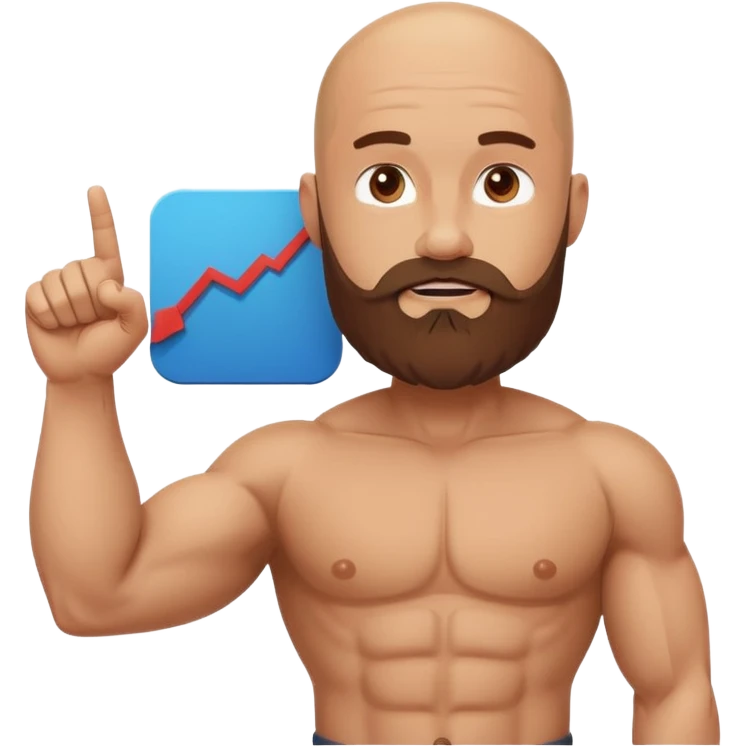 Cartoon muscular bald bearded man in cap pointing at rising chart, Instagram logo, "500" badge, minimal flat design emoji