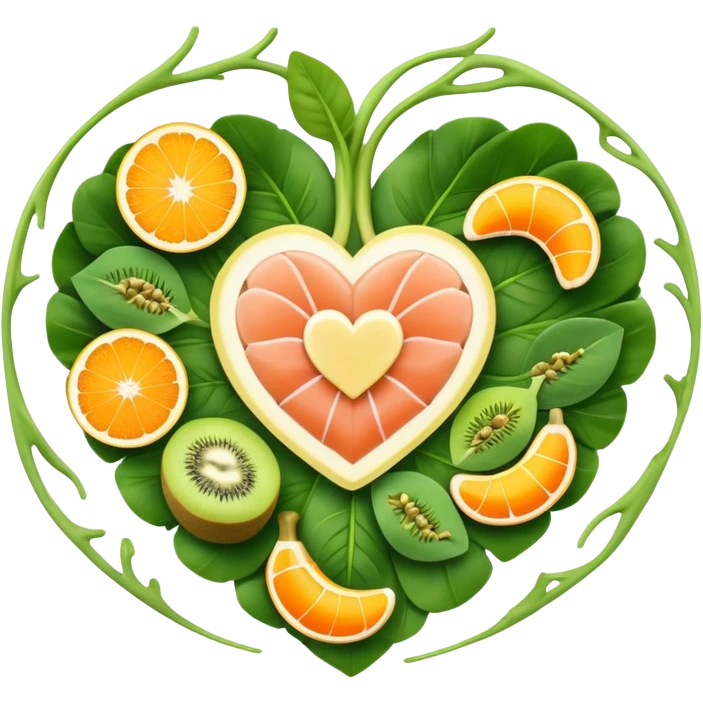 Banana, spinach leaves, salmon, kiwi, pistachios, and orange juice floating in a circle around a glowing heart that pulses with steady rhythm. Waves of electrical energy connect the foods to the heart, muscles, and nerve pathways, showing how potassium regulates fluid balance and electrical signals. emoji