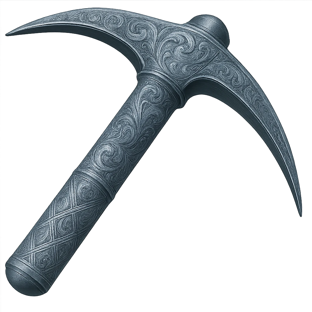Recolor this weapon to match the blueish-gray steel color and ornate engravings of the reference helmet. Emphasize the cool metallic finish and detailed engravings, matching the helmet exactly. Transparent background. The style should reflect a cool metallic look with detailed engravings as seen in the helmet reference. emoji