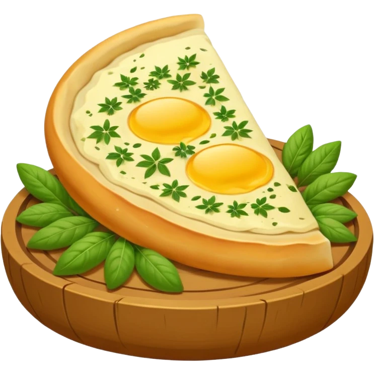 Georgian cuisine avatar in bright emoji-style illustration. Khachapuri and herbs, rich golden and green colors, simple shapes, flat design, strong character. Without human emoji