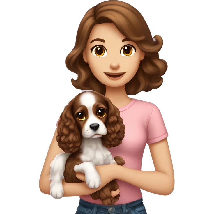 Beautiful stylish girl with brown hair holding in her arms puppy English Cocker Spaniel emoji