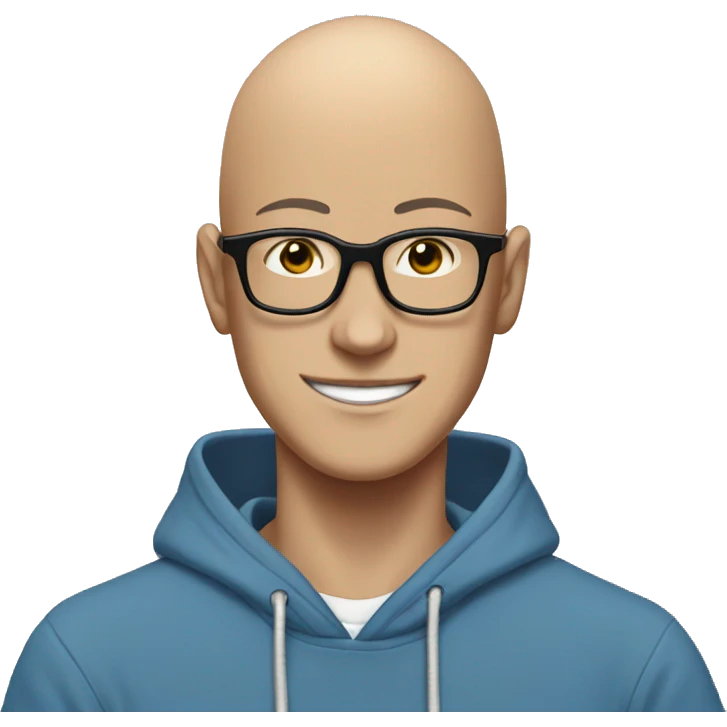 bald saitama in his 20s wearing glasses smiling in a blue hoodie emoji