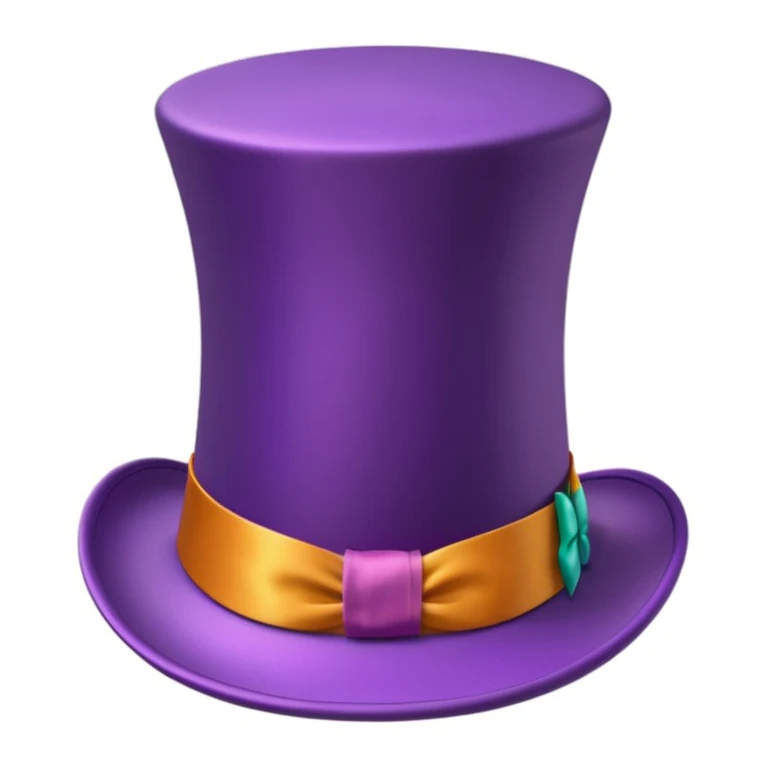 3D emoji of a tall, vintage-style purple top hat with a smooth, slightly glossy surface, wide brim, and a colorful satin ribbon wrapped around the base. Whimsical and elegant, inspired by Willy Wonka’s iconic headwear. Apple-style cartoon finish, soft shadows, clean white background. emoji