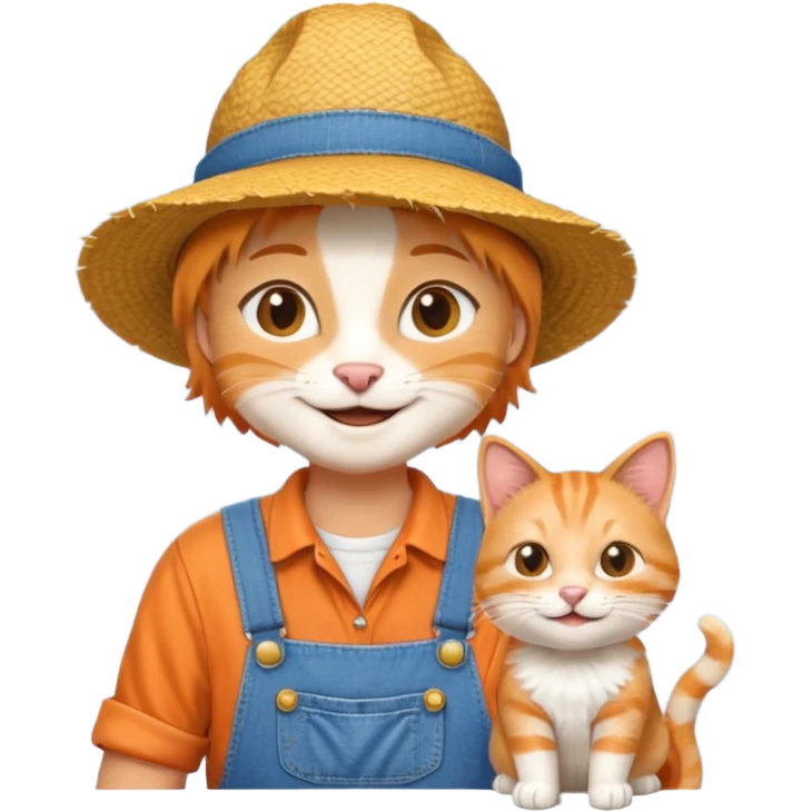 farmer cat gardener in denim overalls with a straw hat emoji