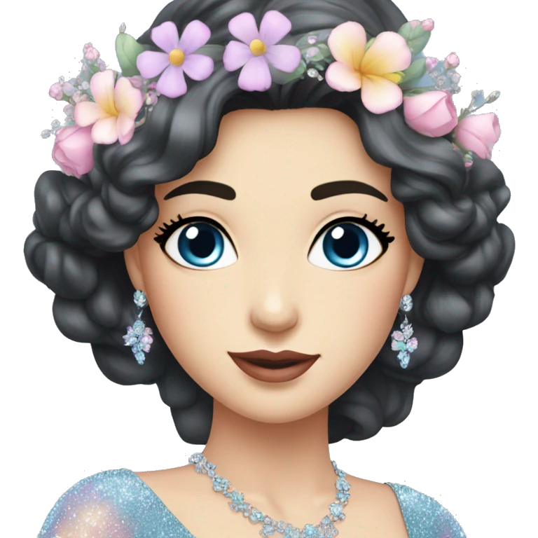 Gorgeous pastel Lady with dark hair blue eyes in a sparkly shiny dress with tiara and necklace and flowers behind her and trending  emoji