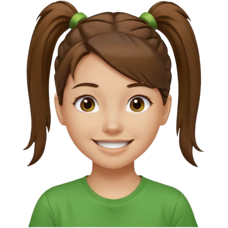 Девушка с хвостом, коричневые волосы и пряди у лица, в зеленой майке радуется, светлая кожа  emoji