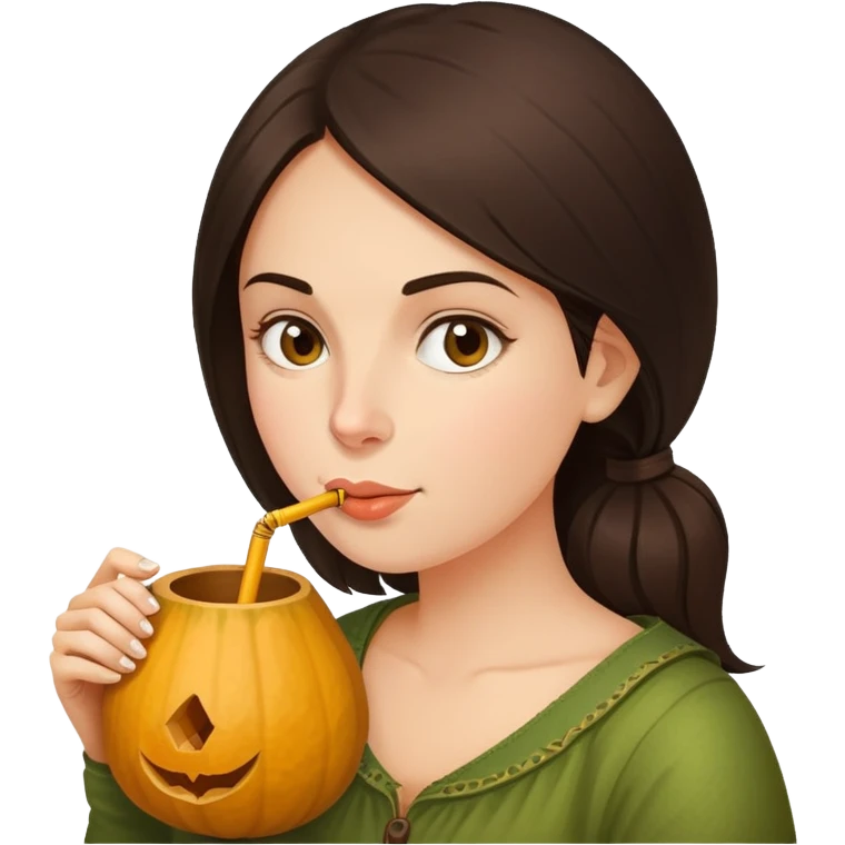 brunette woman drinking mate from a gourd with a bombilla straw, simple expressive face emoji