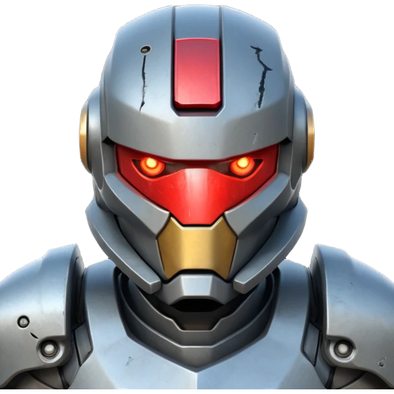 futuristic war robot portrait, head and shoulders only, aggressive design, sharp armor edges, glowing red eyes, battle-damaged helmet faceplate, heavy armor collar, intense dramatic lighting, sci-fi metal textures, 3D cartoon, mobile game icon style, clean background, no text, no watermark
 emoji
